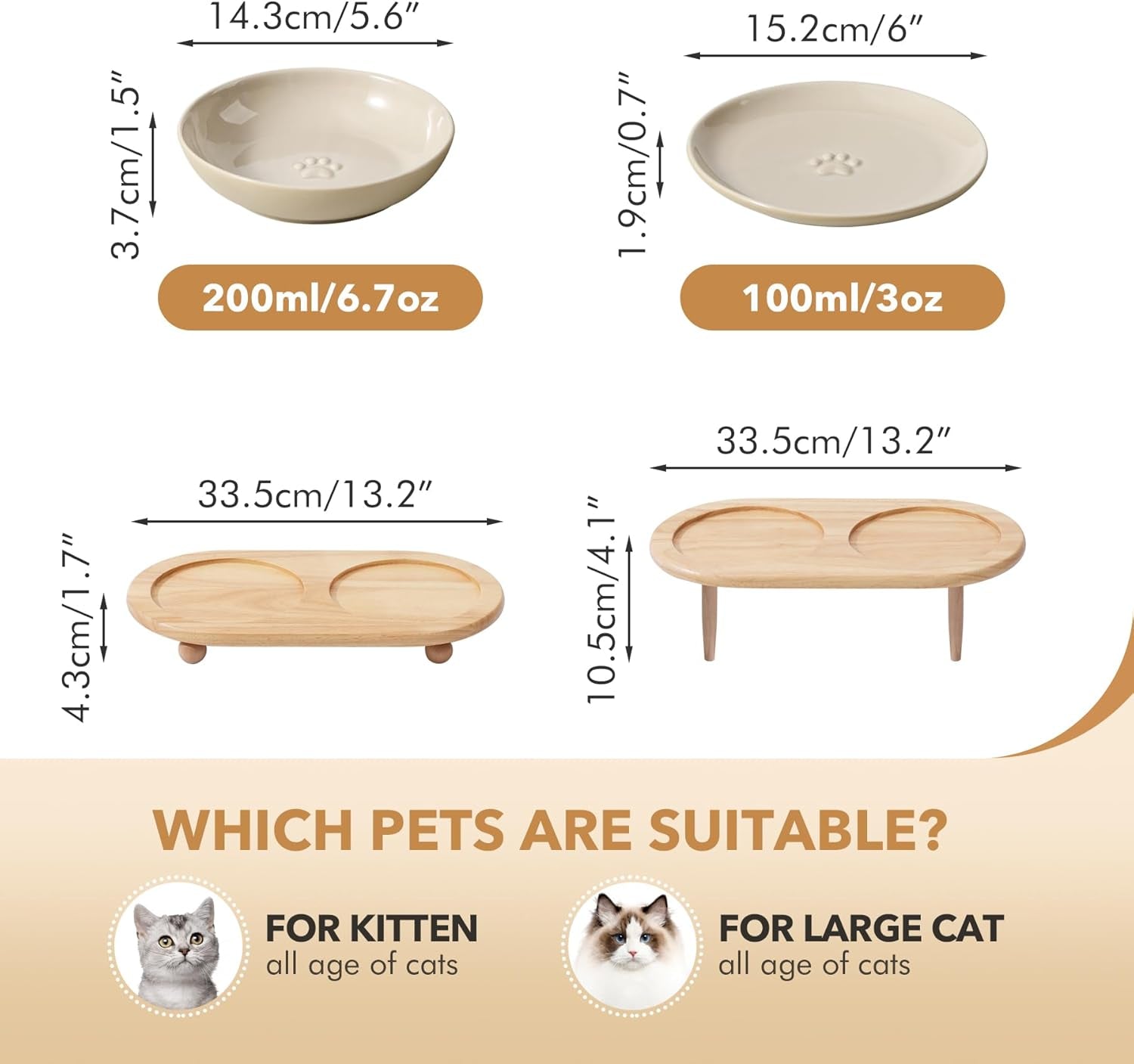 Raised Ceramic Wide Whisker Friendly Cat Dishes, Food& Water Bowl with 2 Style Stand Adjustable Pet Bowl Set, anti Whisker Fatigue(2Dish+2Shallow Dish+Stand
