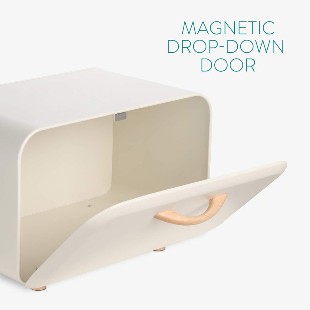 Bread Box - Metal Bread Bin Storage Tin with Front Opening Drop down Door for Kitchen Counter or Shelf - Breadbox Storage Container - Cream