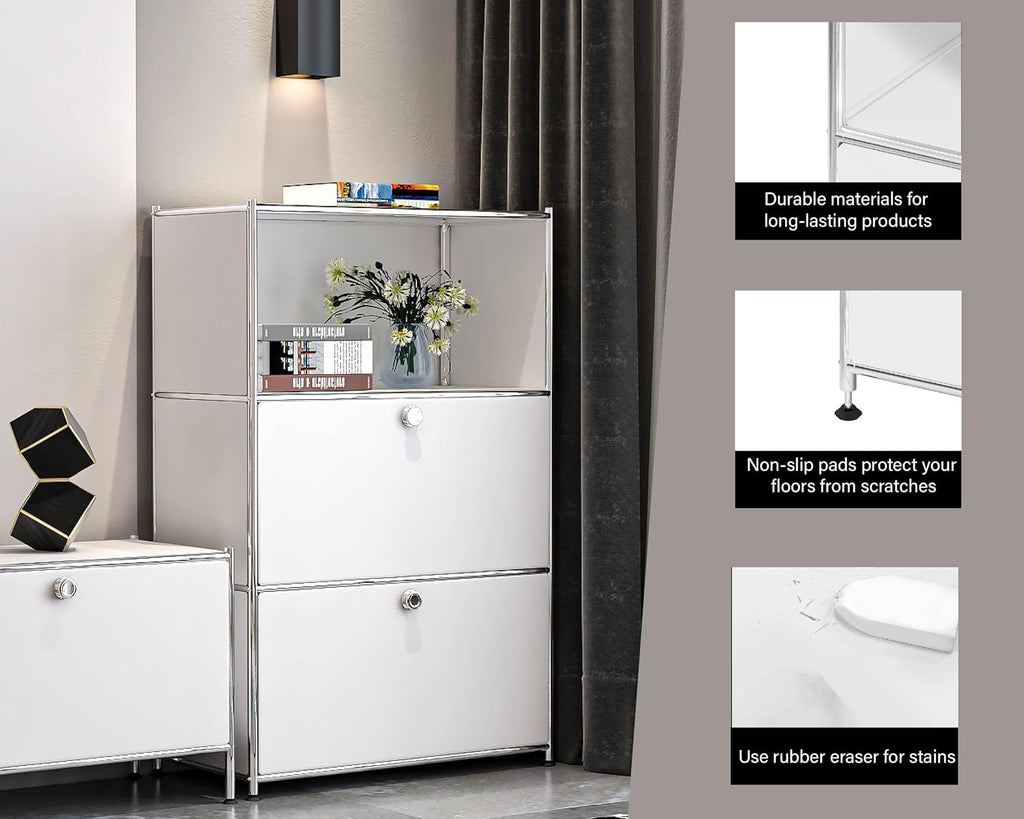 Metal Shelf with 2 Flap Doors, Large Capacity Cabinet,Diy Modern Home Furnishing,Perfect for Home, Office, Kitchen, Hallway,Foyer (White)