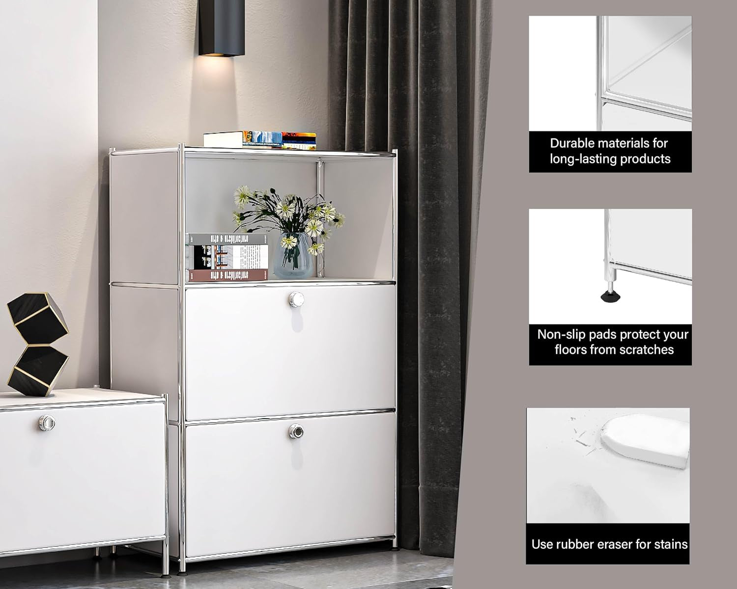 Metal Shelf with 2 Flap Doors, Large Capacity Cabinet,Diy Modern Home Furnishing,Perfect for Home, Office, Kitchen, Hallway,Foyer (White)