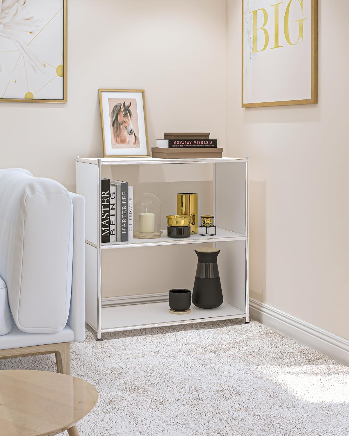 32-Inch 2-Tier Metal Bookcase, Open Shelf Storage Organizer for Living Room, Bedroom, Side Table or Nightstand Use, Modern DIY Assembly, White