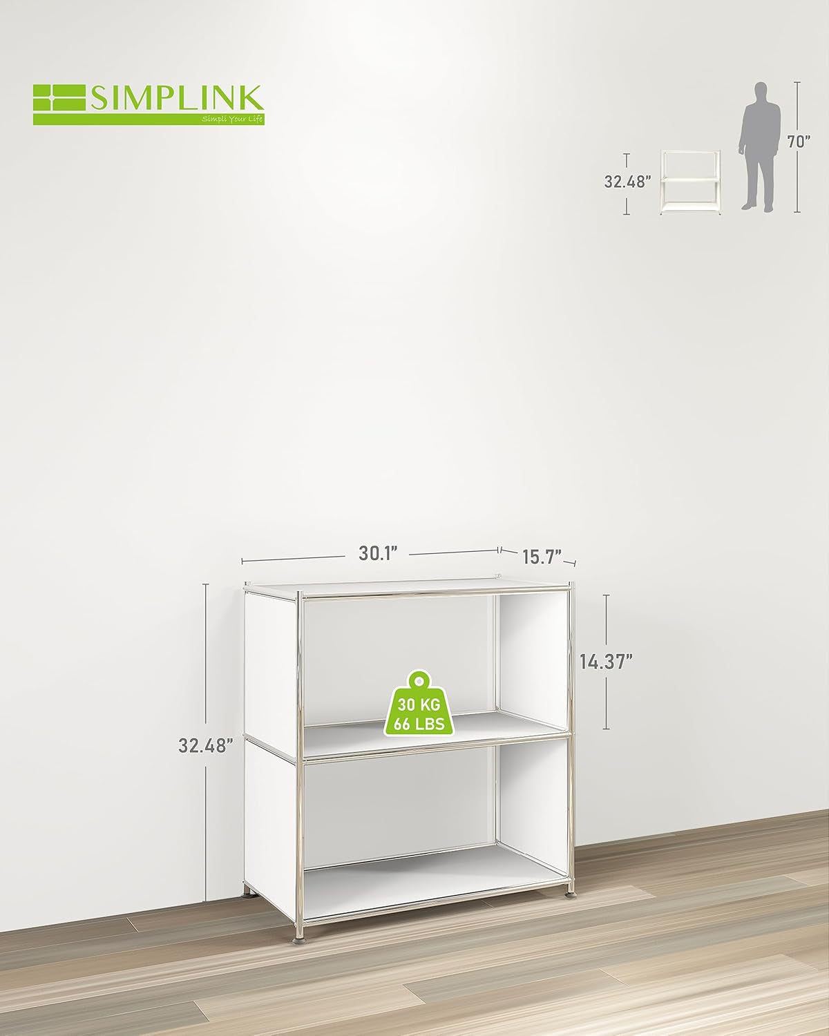 32-Inch 2-Tier Metal Bookcase, Open Shelf Storage Organizer for Living Room, Bedroom, Side Table or Nightstand Use, Modern DIY Assembly, White