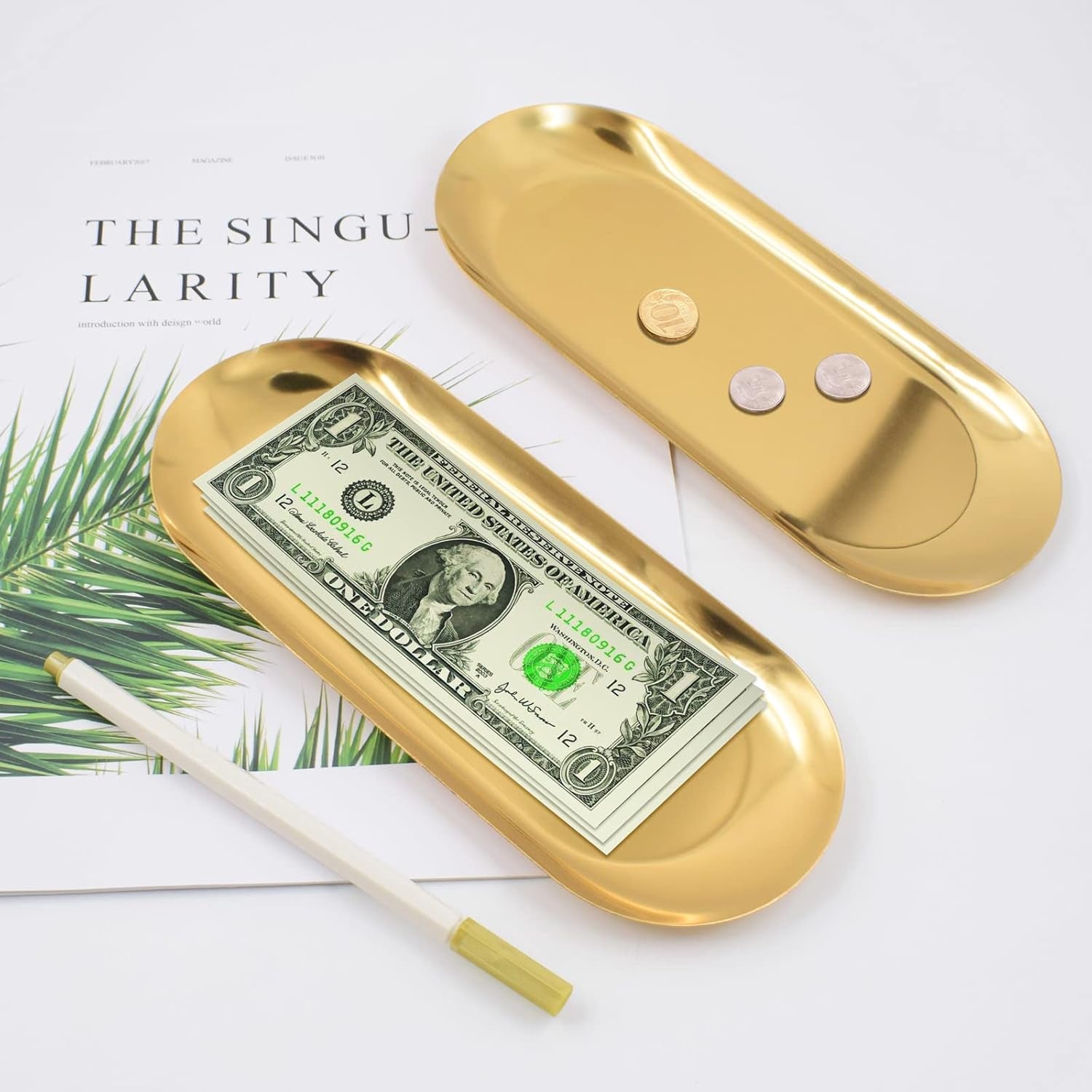 6 PCS Tip Trays Restaurant Service Check Dish Oval Plate Storage Guest Bill Holder Supplies Presenters Ornaments Accessories Decoration Metal Container for Coffee Bar Home (Gold)