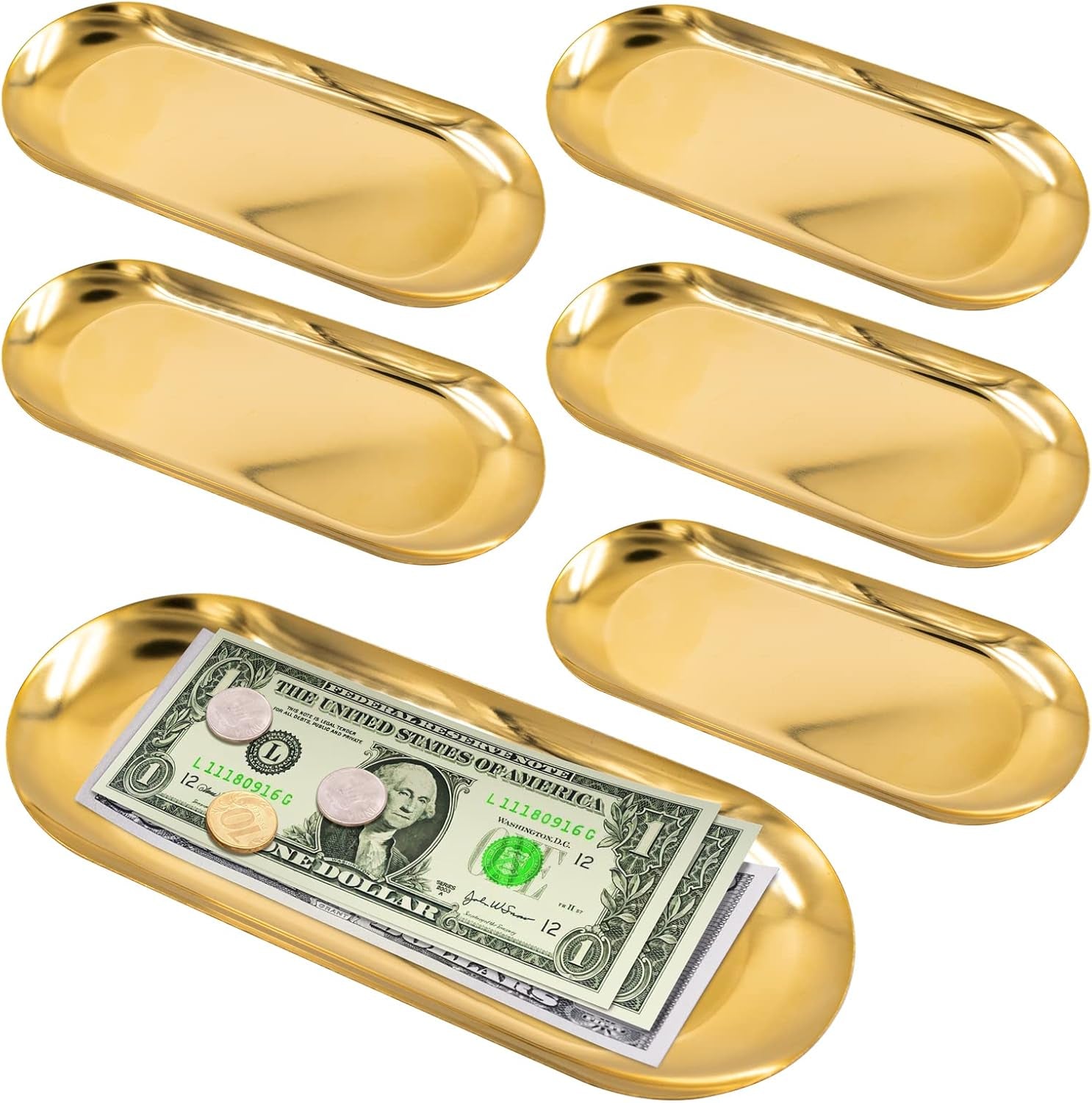 6 PCS Tip Trays Restaurant Service Check Dish Oval Plate Storage Guest Bill Holder Supplies Presenters Ornaments Accessories Decoration Metal Container for Coffee Bar Home (Gold)