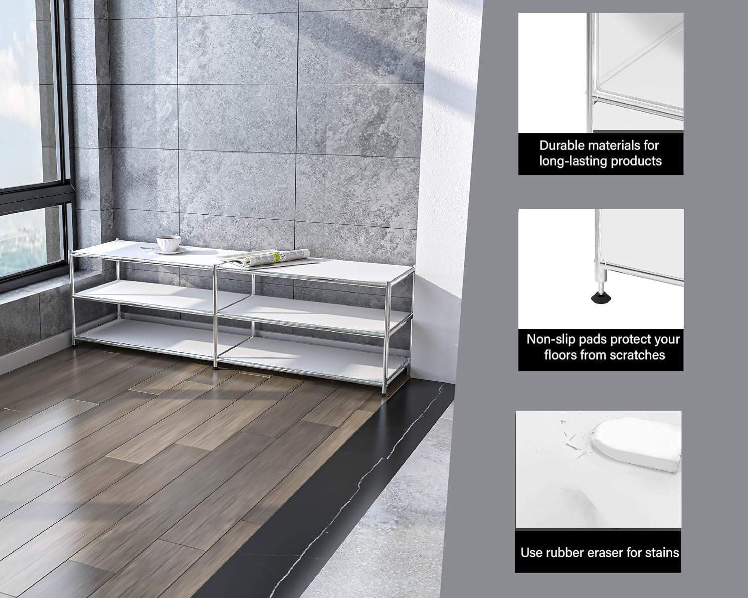 Metal Storage Rack, 3-Tiers Adjustable Storage Shelves, DIY Modern Home Furnishing, Adjustable Metal Organizer for Home,Kitchen,Office,Entryway, (White)