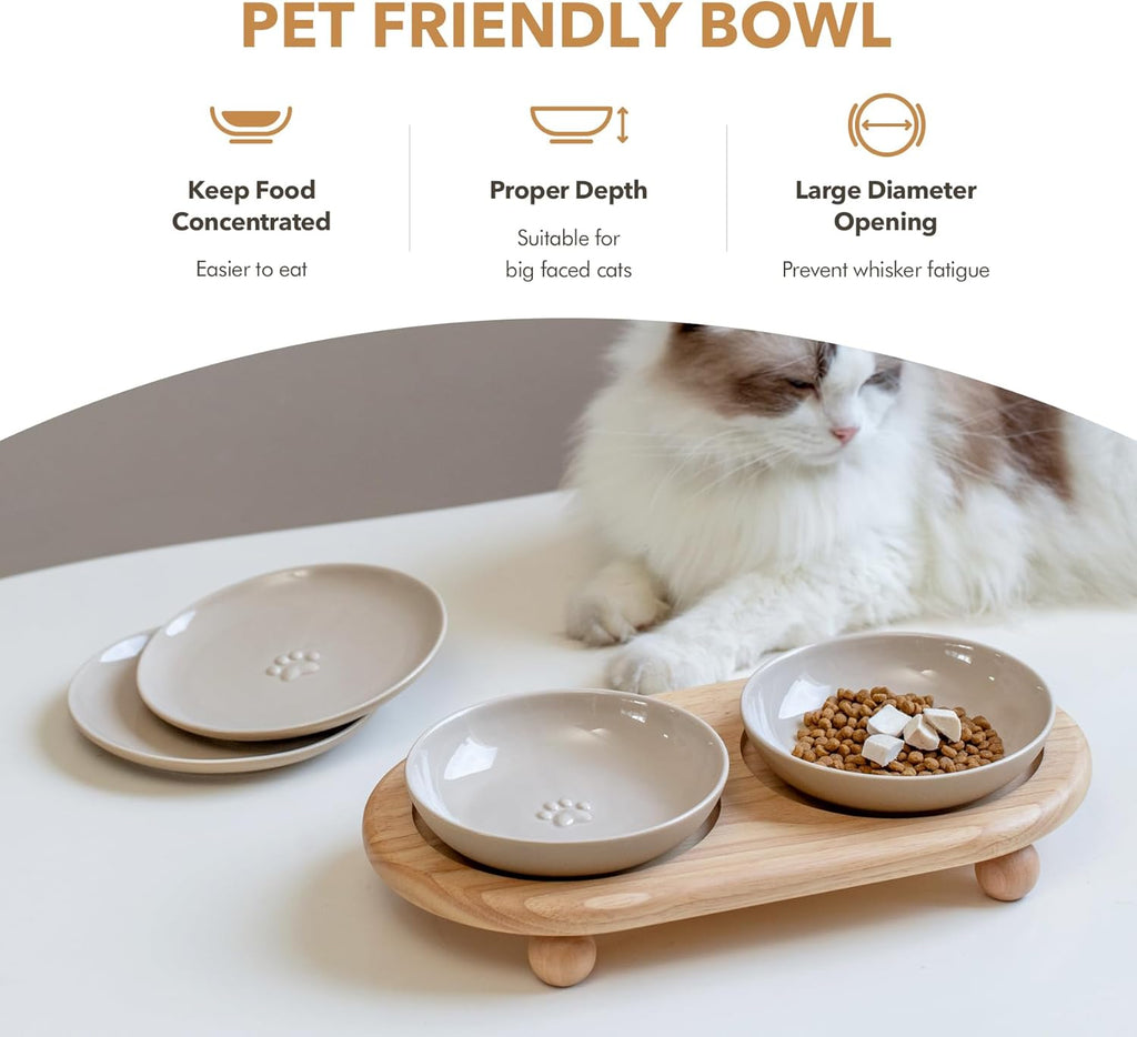Raised Ceramic Wide Whisker Friendly Cat Dishes, Food& Water Bowl with 2 Style Stand Adjustable Pet Bowl Set, anti Whisker Fatigue(2Dish+2Shallow Dish+Stand