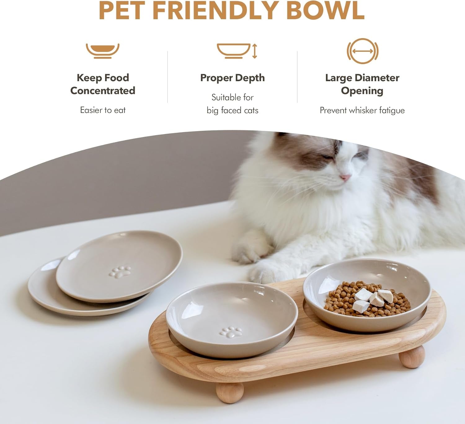 Raised Ceramic Wide Whisker Friendly Cat Dishes, Food& Water Bowl with 2 Style Stand Adjustable Pet Bowl Set, anti Whisker Fatigue(2Dish+2Shallow Dish+Stand