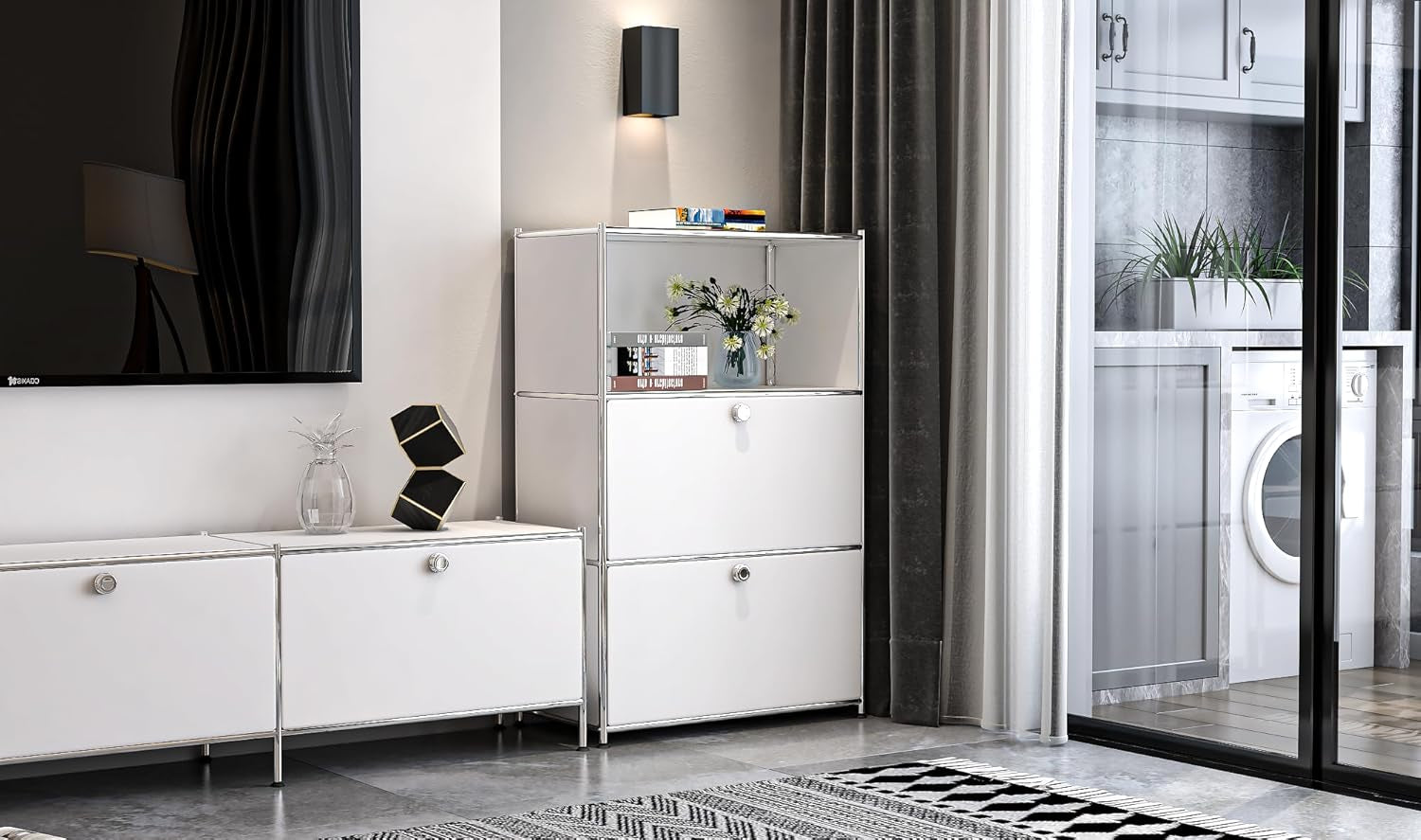 Metal Shelf with 2 Flap Doors, Large Capacity Cabinet,Diy Modern Home Furnishing,Perfect for Home, Office, Kitchen, Hallway,Foyer (White)