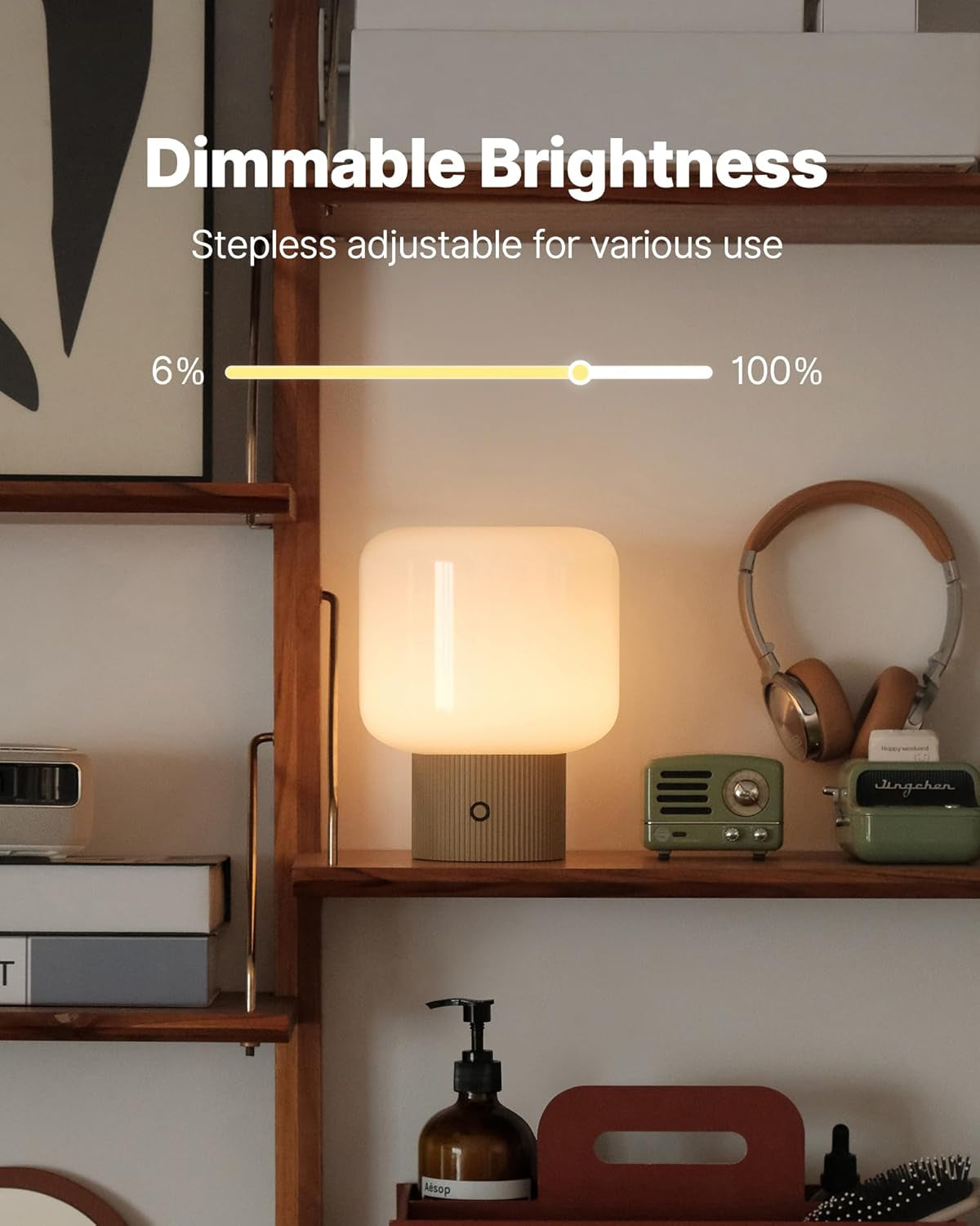 Halo Mushroom Lamp, 5W Cute Cordless Rechargeable Table Lamp with Glass Shade, 3 Color Temps LED Dimmable Ambient Lighting, Small Retro Touch Bedside Light for Bedroom Decor, Mustard Yellow