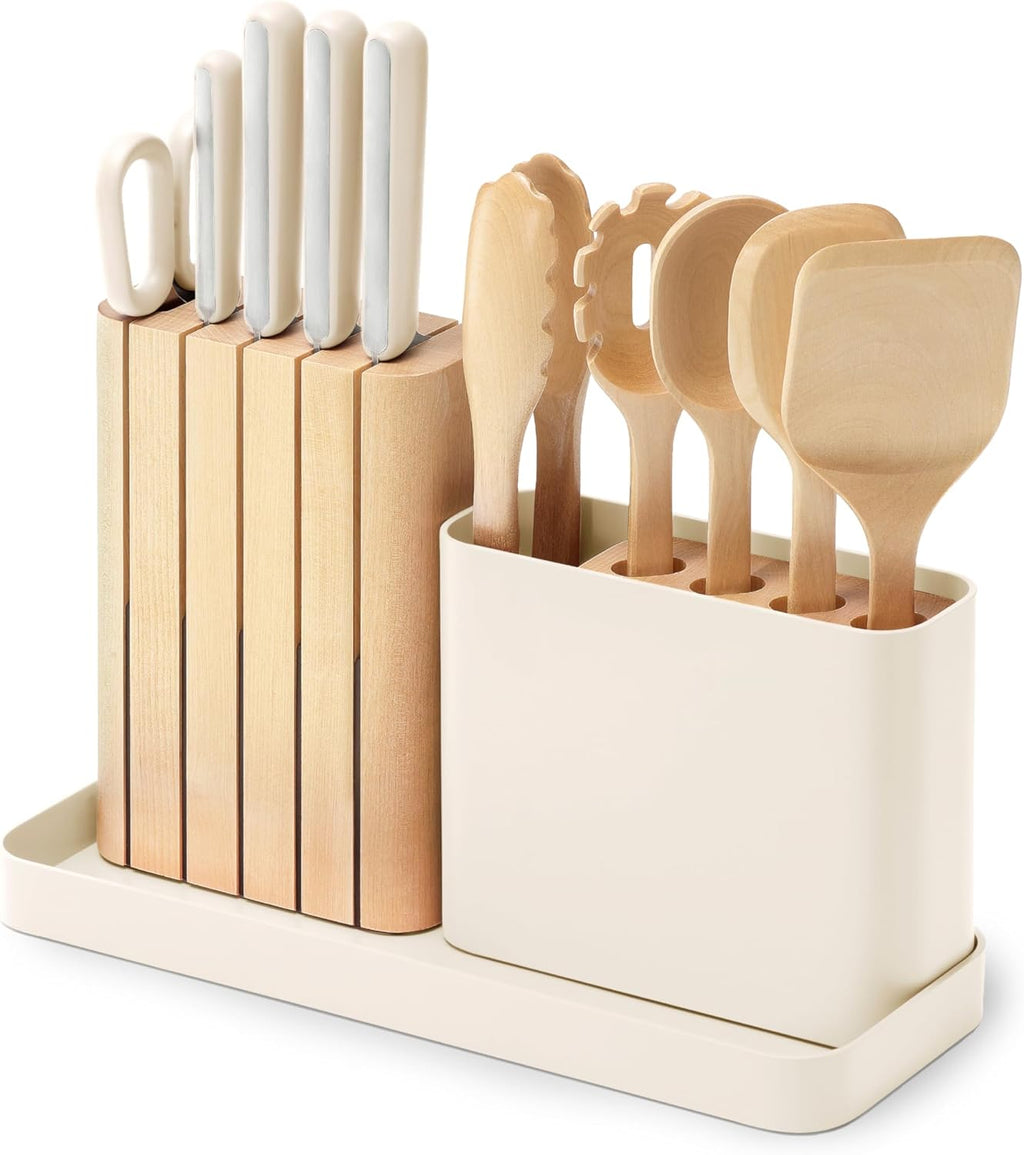 14-Piece Kitchen Prep Set - Kitchen Knife Set & Wooden Utensil Set - Made with Premium German Steel Blades & Fsc-Certified Birch Wood - Non-Toxic Materials - Includes Organizer - Cream