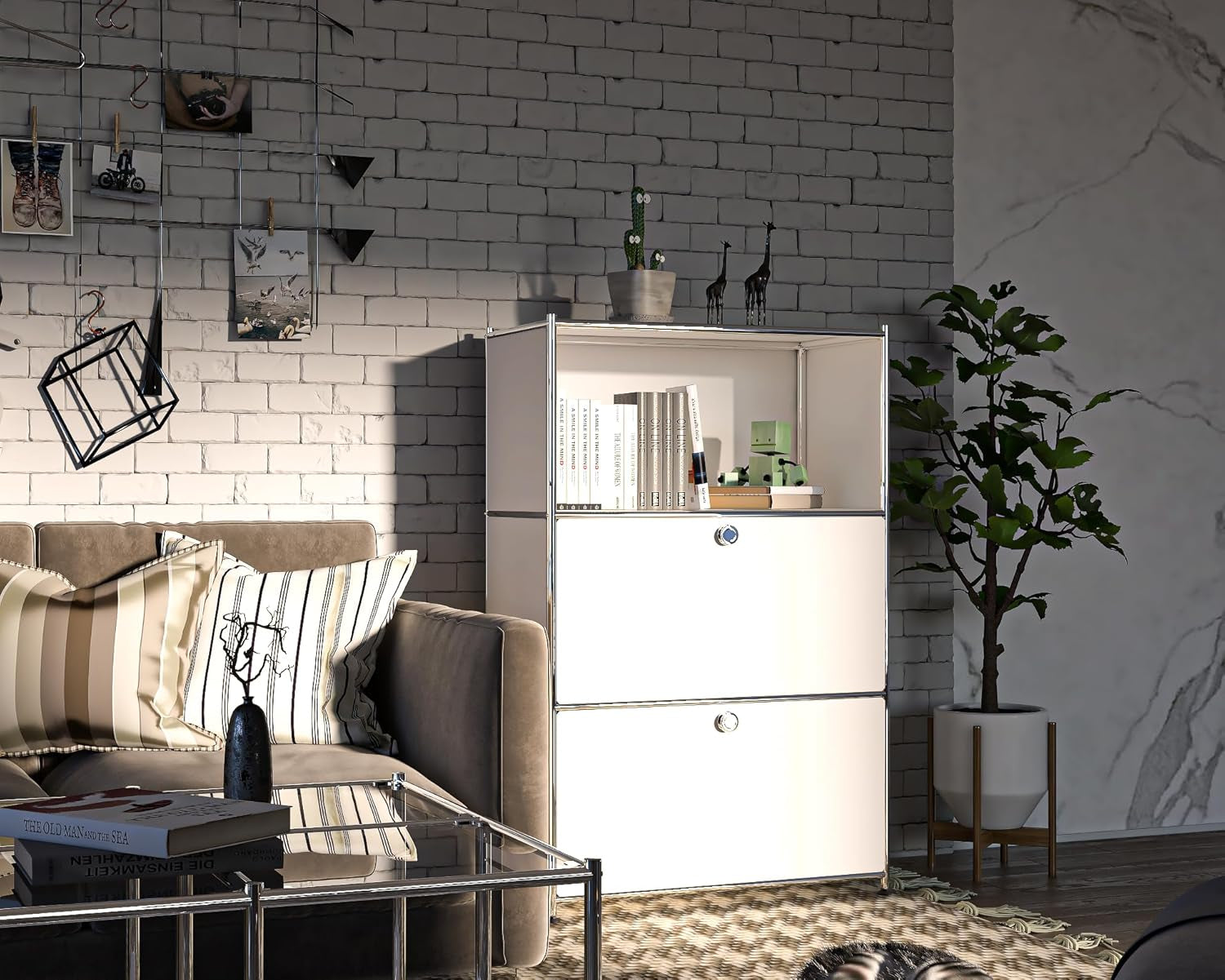 Metal Shelf with 2 Flap Doors, Large Capacity Cabinet,Diy Modern Home Furnishing,Perfect for Home, Office, Kitchen, Hallway,Foyer (White)