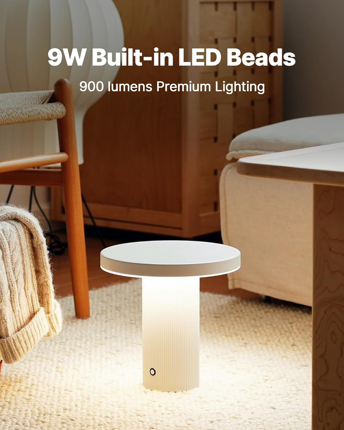 Minimalist Table Lamp, 9W LED Cordless Rechargeable Lamp with 3 Color Temps & Stepless Dimming, Nordic Modern Touch Bedside Ambient Lighting for Bedroom Living Room Decor, White