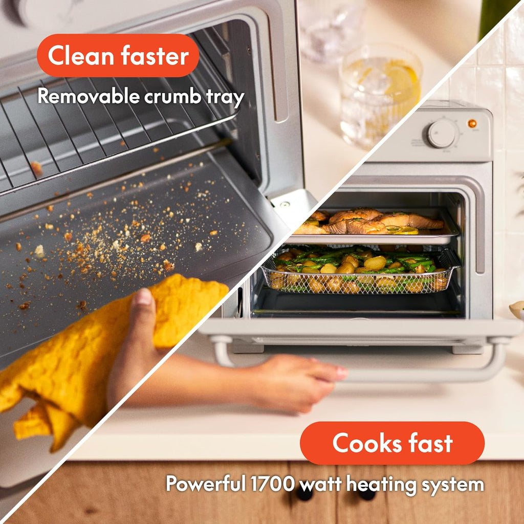 Air Fry Toaster Oven, 7 Preset Cooking Options, Dishwasher-Safe Evergood Coated Trays Included, 60-Minute Auto Shutoff W Audible Timer, Power Indicator Light, 1700 Watt, Oatmilk