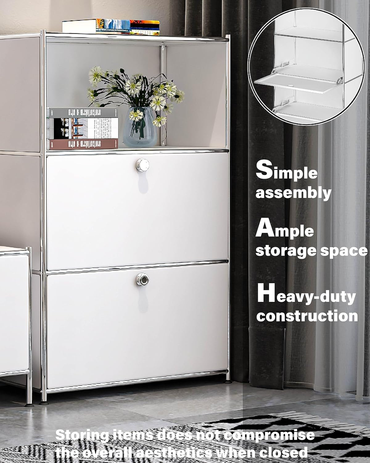 Metal Shelf with 2 Flap Doors, Large Capacity Cabinet,Diy Modern Home Furnishing,Perfect for Home, Office, Kitchen, Hallway,Foyer (White)