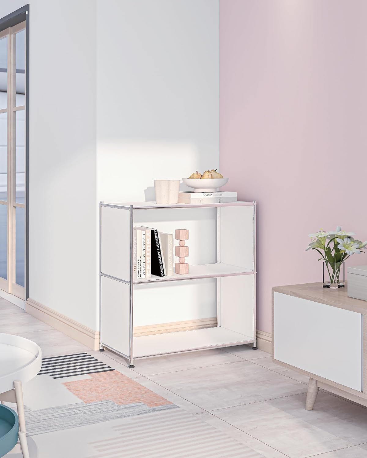 32-Inch 2-Tier Metal Bookcase, Open Shelf Storage Organizer for Living Room, Bedroom, Side Table or Nightstand Use, Modern DIY Assembly, White