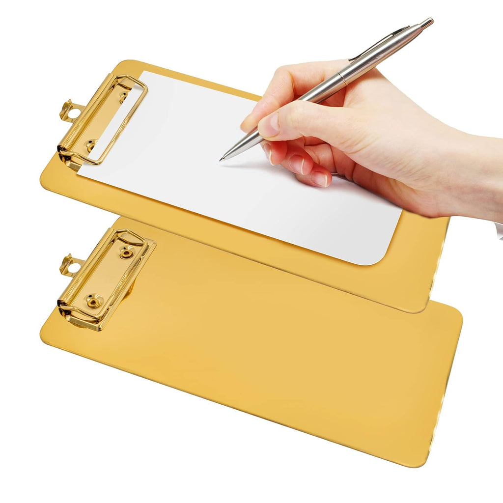 2-Pack Stainless Steel Menu Holders Gold Check Presenters for Restaurants Metal File Clipboard Server Books Clip Board for Waitress Restaurant School Bars, Hotels (8.3 * 4Inch)