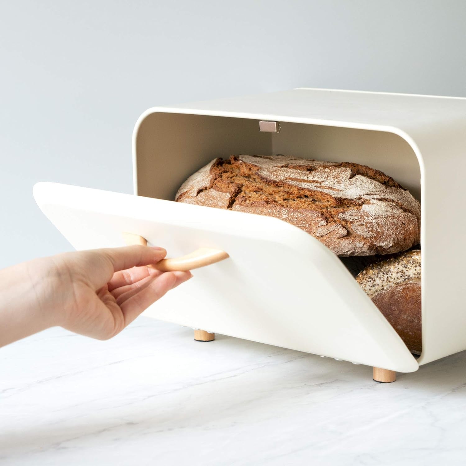Bread Box - Metal Bread Bin Storage Tin with Front Opening Drop down Door for Kitchen Counter or Shelf - Breadbox Storage Container - Cream