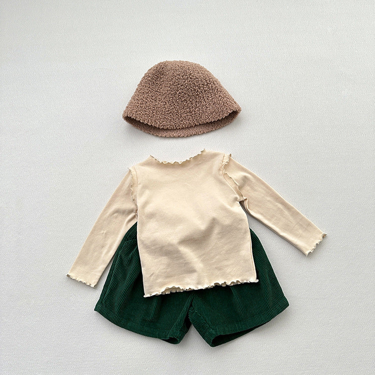 Girls Tops Spring And Autumn Style Children’s Solid Color Long-Sleeved T-Shirts For Girls With Ear-Shaped Inner Bottoming Shirts