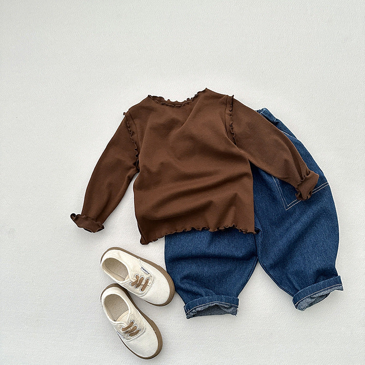 Girls Tops Spring And Autumn Style Children’s Solid Color Long-Sleeved T-Shirts For Girls With Ear-Shaped Inner Bottoming Shirts