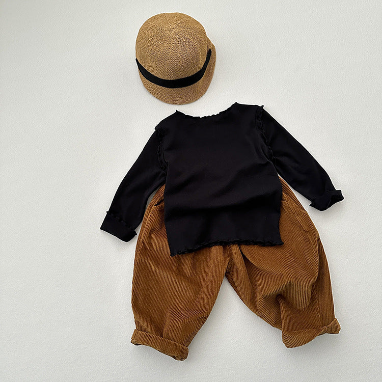 Girls Tops Spring And Autumn Style Children’s Solid Color Long-Sleeved T-Shirts For Girls With Ear-Shaped Inner Bottoming Shirts