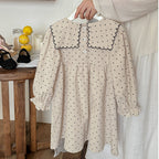 Arrival Autumn Girls Vintage Crew Neck Long Sleeves Dots Print and Flowers Embroidery Pattern Dress