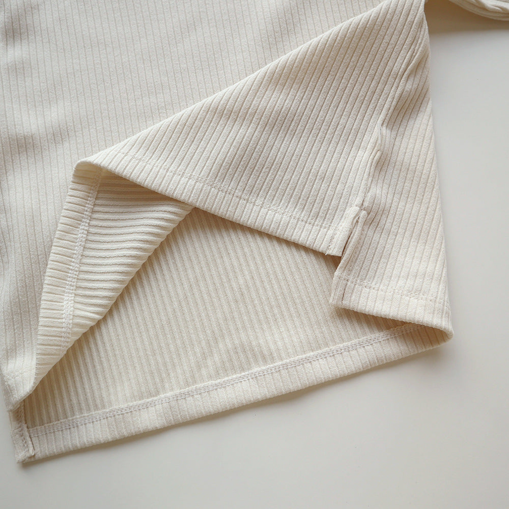 Spring and Autumn Kids Unisex Casual Solid Color Long Sleeves Striped Top and Pants Knitted Clothing Set