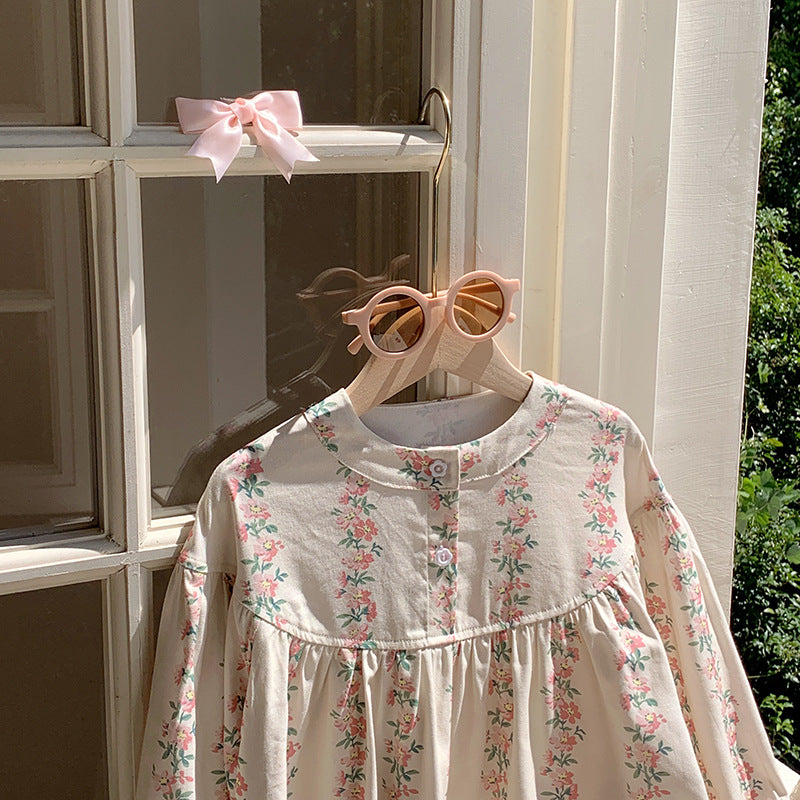 Arrival Autumn Girls Cute Flowers Striped Pattern Long Sleeves Crew Neck Loose Dress