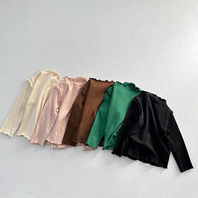 Girls Tops Spring And Autumn Style Children’s Solid Color Long-Sleeved T-Shirts For Girls With Ear-Shaped Inner Bottoming Shirts