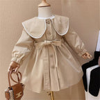 Baby Girls Peter Pan Neck Long Sleeved Khaki Single Breasted Dress With Belt