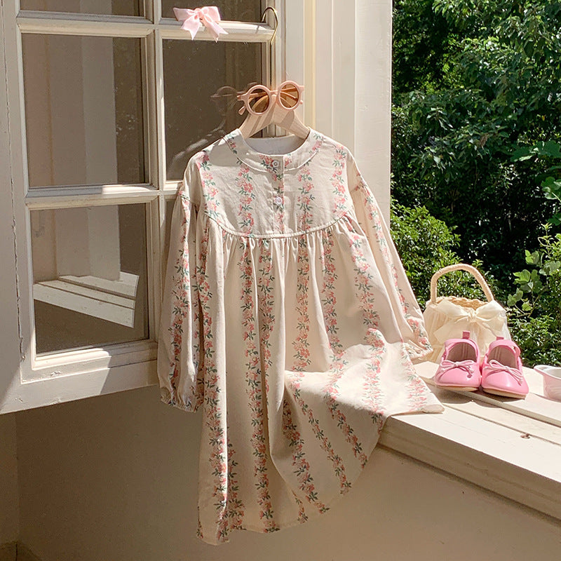 Arrival Autumn Girls Cute Flowers Striped Pattern Long Sleeves Crew Neck Loose Dress