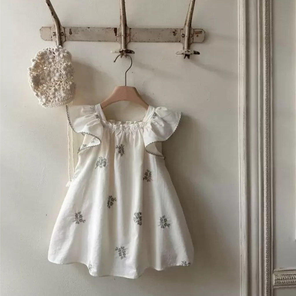Summer Hot Selling Baby Kids Girls Fly Sleeves Flowers Pattern Embroidered Princess Dress
