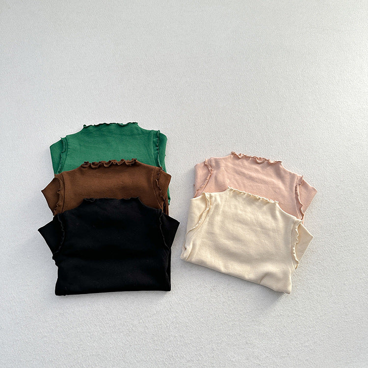 Girls Tops Spring And Autumn Style Children’s Solid Color Long-Sleeved T-Shirts For Girls With Ear-Shaped Inner Bottoming Shirts