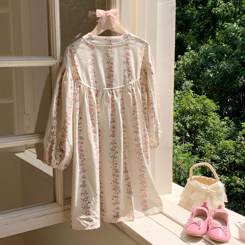 Arrival Autumn Girls Cute Flowers Striped Pattern Long Sleeves Crew Neck Loose Dress