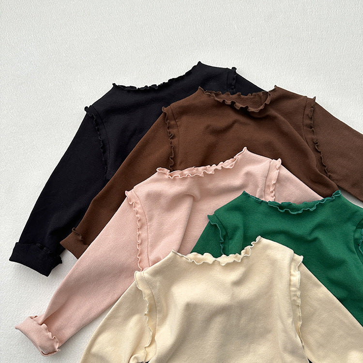 Girls Tops Spring And Autumn Style Children’s Solid Color Long-Sleeved T-Shirts For Girls With Ear-Shaped Inner Bottoming Shirts