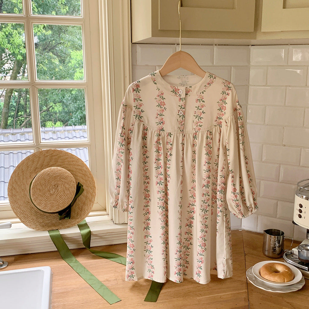 Arrival Autumn Girls Cute Flowers Striped Pattern Long Sleeves Crew Neck Loose Dress