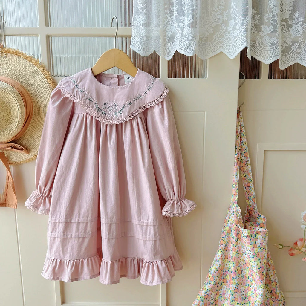 Arrival Girls Autumn French Flowers Embroidered Pattern Long Sleeves Dress