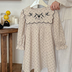 Arrival Autumn Girls Vintage Crew Neck Long Sleeves Dots Print and Flowers Embroidery Pattern Dress